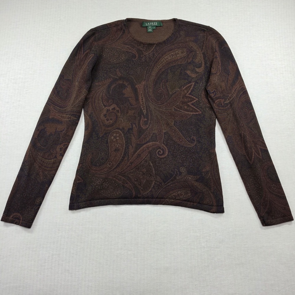 Lauren Ralph Lauren Brown Paisley Silk Cashmere Top S Whimsigoth Dark Academia